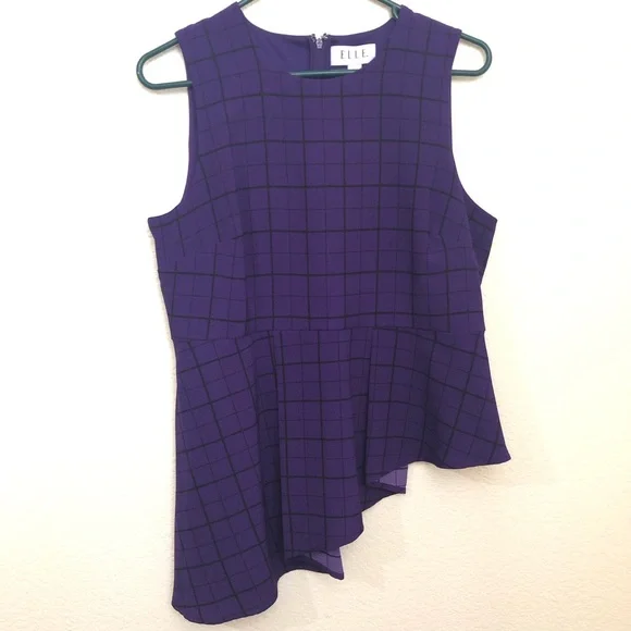 ELLE Womens Medium Sleeveless Peplum Asymmetrical Top Blouse Purple Checkers NWT - Picture 2 of 16